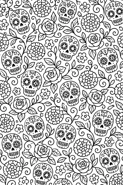 Repeating line-art pattern of decorated sugar skulls surrounded by roses, round blossoms, leafy stems, small flowers, and curling vines.
