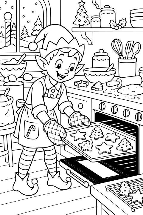 Smiling elf placing a tray of star and tree-shaped cookies into an open oven in a kitchen filled with baking supplies and holiday decorations.