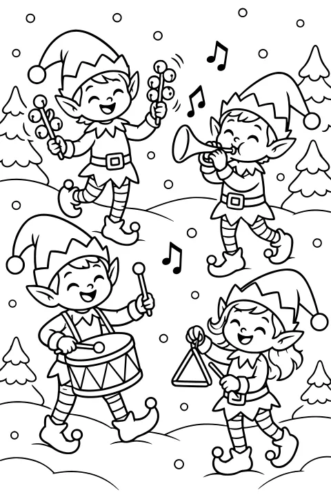 Elves playing handbells, a horn, a drum, and a triangle on snowy hills with fir trees, falling snow, and music notes.