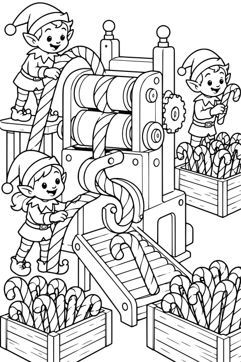 Elves operating a candy cane roller machine with a conveyor, visible gears, and wooden crates packed with striped candy canes.