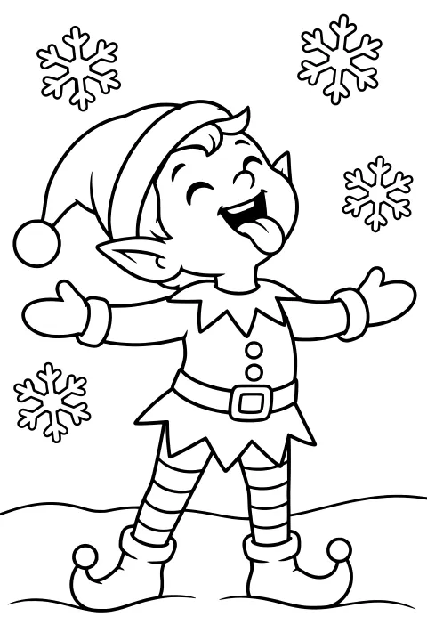 Elf with arms out and tongue raised toward falling snowflakes, dressed in a pom-pom hat, pointed tunic, striped leggings, mittens, belt, and curled shoes.