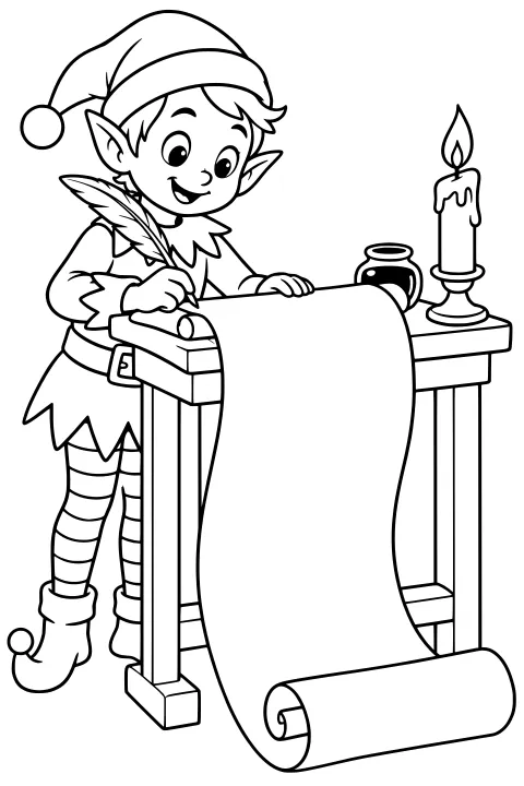 Elf using a feather quill to write on a long scroll at a wooden table with an inkwell and lit candle nearby.