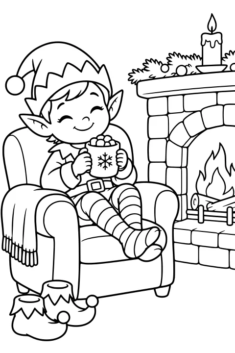 Elf holding a marshmallow-topped mug in an armchair beside a stone fireplace, with striped leggings, curled shoes, a fringed blanket, mantel greenery, and a candle.