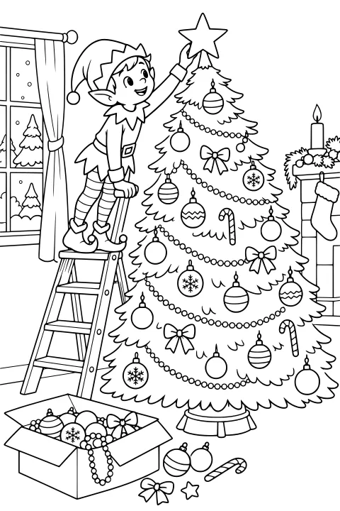 Elf on a ladder reaching toward a star-topped Christmas tree decorated with baubles, bows, candy canes, and bead garlands beside a fireplace and window.