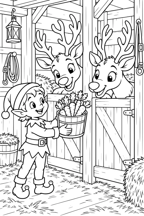 Elf holding a bucket of carrots beside two reindeer leaning over wooden stall doors in a barn with hay, beams, a lantern, and hanging tack.