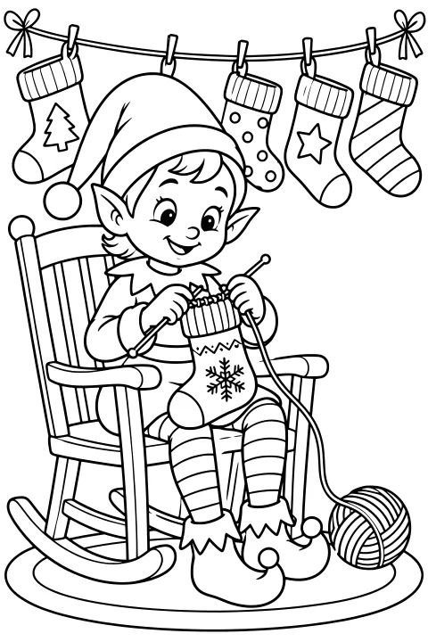 Smiling elf knitting a snowflake stocking in a rocking chair beneath hanging decorated stockings, with knitting needles, yarn, striped leggings and curled shoes.