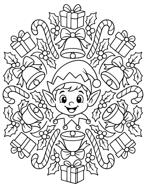 Central elf in a pointed hat surrounded by a circular arrangement of bells, candy canes, wrapped gifts, bows, holly leaves, and berries.