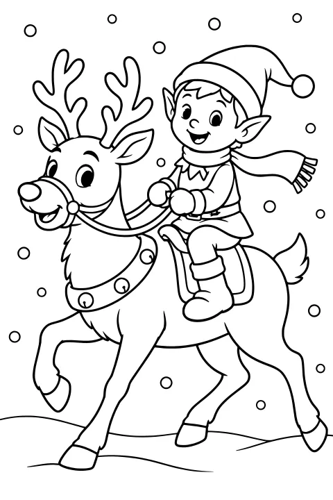 Elf wearing a pointed hat, scarf, and boots rides a reindeer with antlers, reins, a decorated collar, and a saddle as snow falls around them.