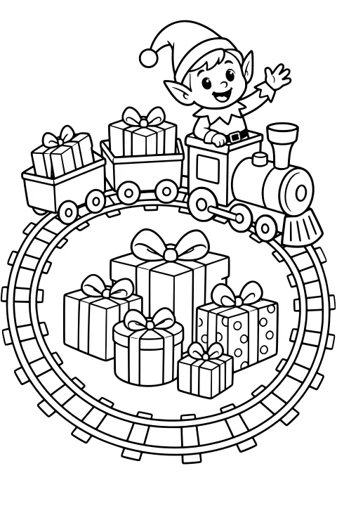 Waving elf in a toy train engine circling wrapped gifts on a round track, with present-filled carriages, bows, stripes, and dots.