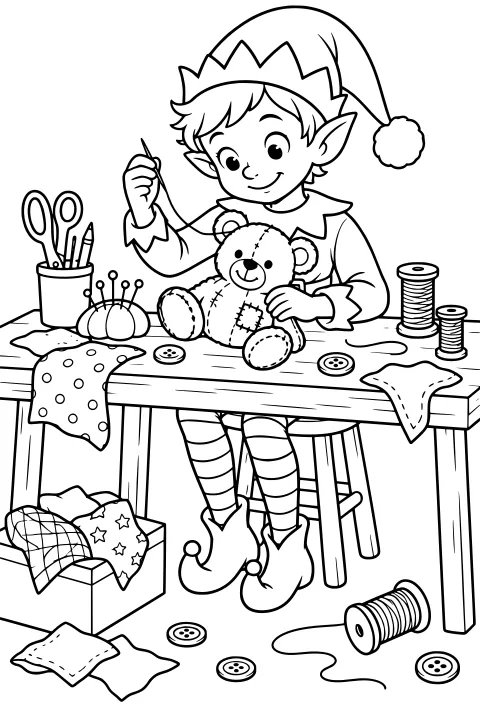 Elf holding a threaded needle over a patched teddy bear at a sewing table covered with scissors, buttons, fabric, pincushions and thread spools.