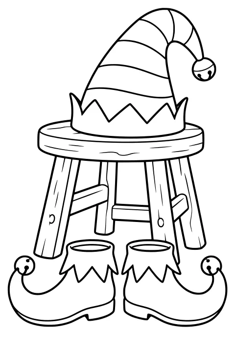 Striped elf hat resting on a round stool above curled-toe elf shoes, with jagged trim and bells.