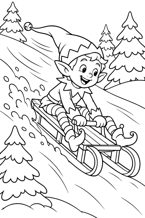 Elf riding a wooden sled down a snowy hill among evergreen trees, with snow spraying behind the runners.