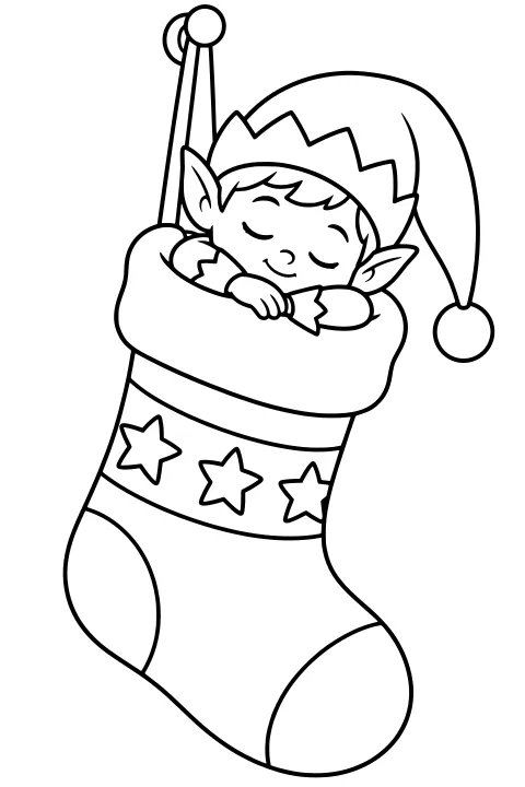 Sleeping elf with closed eyes and pointed ears resting arms on the cuff of a large stocking decorated with stars, wearing a floppy pom-pom hat.