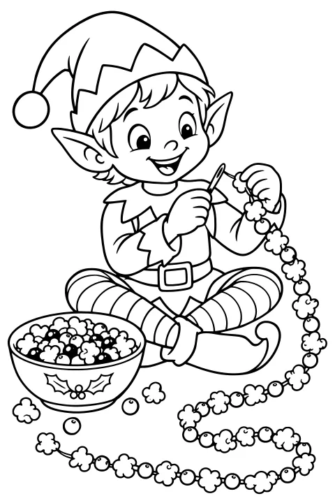 Seated elf holding a needle and a looping garland of popcorn and round pieces, with a holly-decorated bowl nearby, striped leggings, and curled shoes.