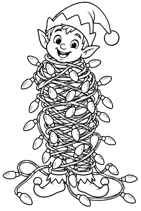 Elf wearing a floppy pointed hat and curled-toe shoes, wrapped from shoulders to boots in looping cords and large Christmas bulbs.