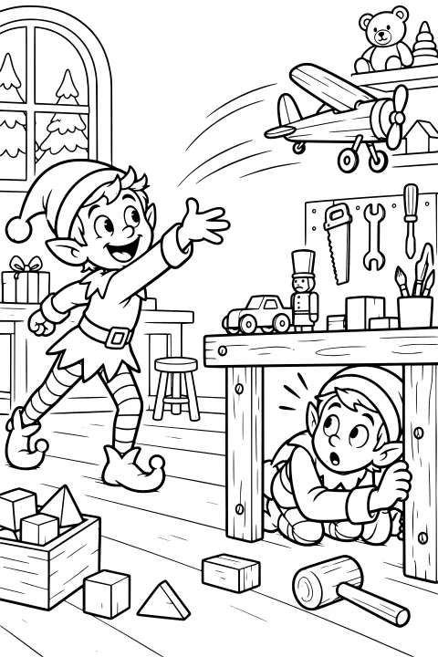 Elf reaching toward a flying toy airplane in a workshop as another elf watches beneath a tool-covered workbench.