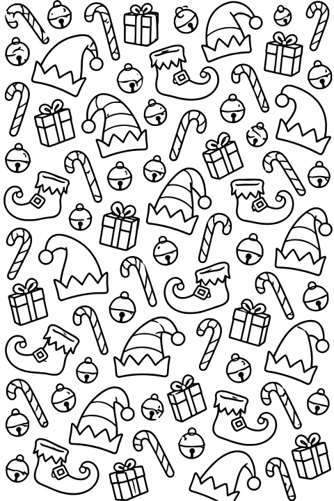 Repeating line-art pattern of pointed elf hats, curled shoes, candy canes, wrapped gifts, and round jingle bells.
