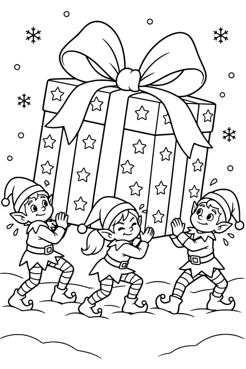Elves carrying a huge star-covered gift with a wide ribbon and bow through snowy ground, with snowflakes in the background.