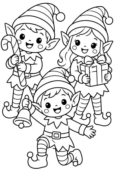 Kawaii elves in pointed hats and striped leggings holding a candy cane, a wrapped gift, and a bell.