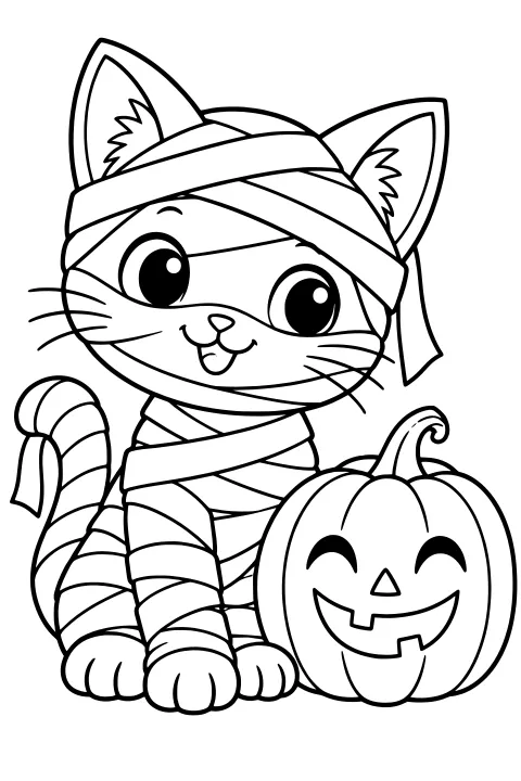 Wide-eyed cat in overlapping mummy bandages sitting beside a jack-o'-lantern, with pointed ears, whiskers, a curled tail, and paws visible.