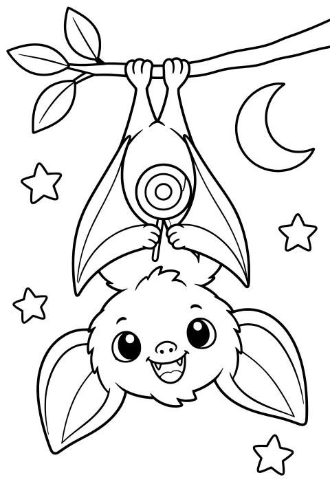Wide-eyed bat hanging upside down from a leafy branch, holding a round lollipop beneath a crescent moon and scattered stars.
