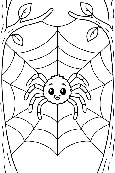 Round spider with large eyes and segmented legs resting on a wide web between tree trunks and leafy branches.