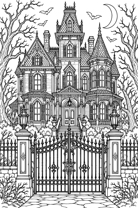 Ornate mansion behind a wrought-iron gate, with steep roofs, tall windows, lanterns, bare trees, flying bats, shrubs, a stone path, and a crescent moon.
