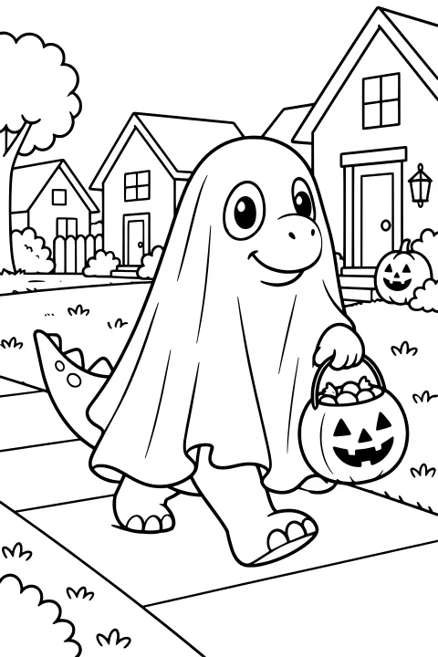 Dinosaur in a draped ghost costume walking on a sidewalk with a pumpkin candy bucket, houses, trees, grass, and a jack-o’-lantern nearby.