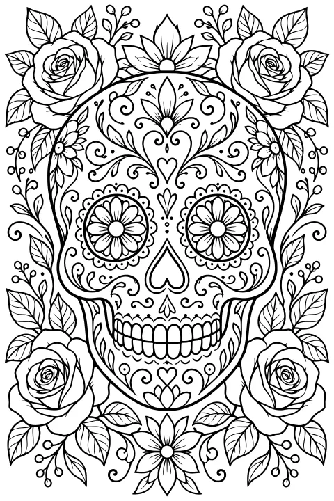 Ornate skull with flower-shaped eye designs, curling filigree, dots, and petal motifs, framed by large roses, leaves, buds, and blossoms.