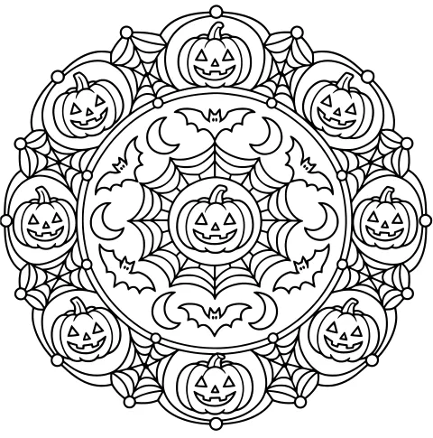 Circular Halloween mandala with carved pumpkins, flying bats, crescent moons, curved shapes, and layered spiderweb patterns.