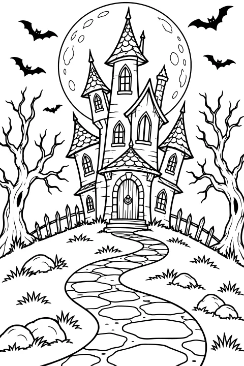 Crooked haunted house with pointed towers beneath a full moon, with bats, bare trees, a winding stone path, rocks, grass, and a leaning fence.