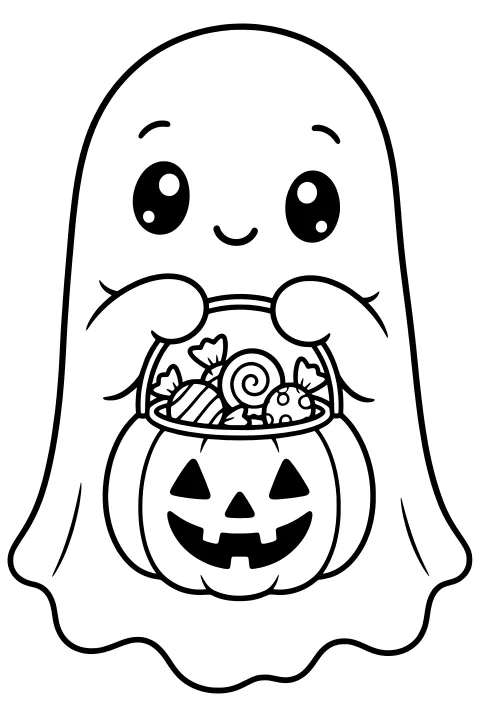 Kawaii ghost with large sparkling eyes holding a pumpkin-shaped bucket filled with wrapped candy and a swirled lollipop.