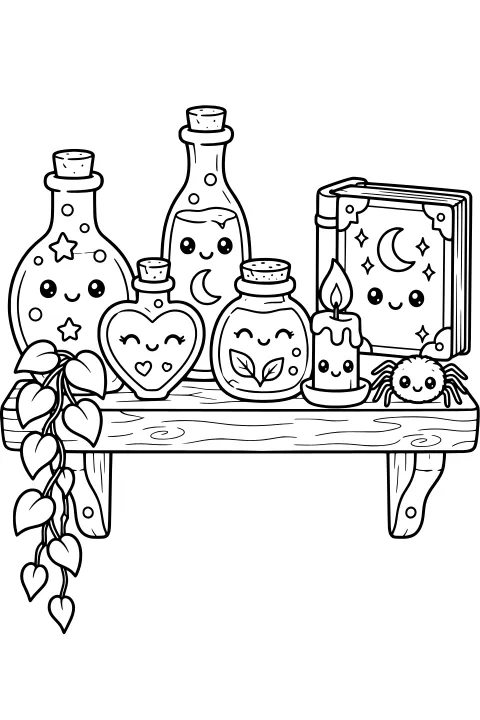 Kawaii potion bottles with cute faces on a wooden shelf beside a candle, a moon-and-star book, a spider, and trailing leafy vines.