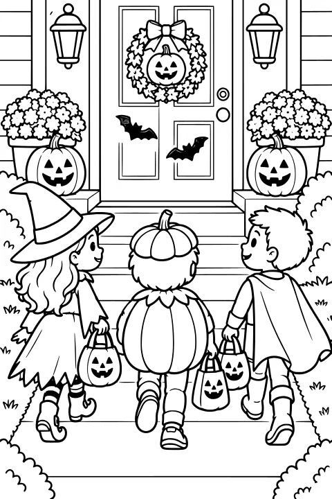 Costumed children carrying jack-o'-lantern bags approach a front door decorated with a pumpkin wreath and bats, with pumpkins, flowers, lanterns, and shrubs around the porch.