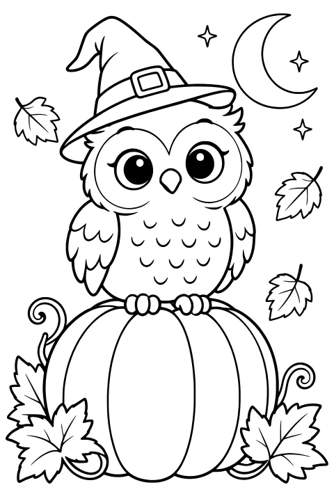 Wide-eyed owl wearing a buckled witch hat and perched on a large pumpkin, surrounded by vines, autumn leaves, a crescent moon, and stars.