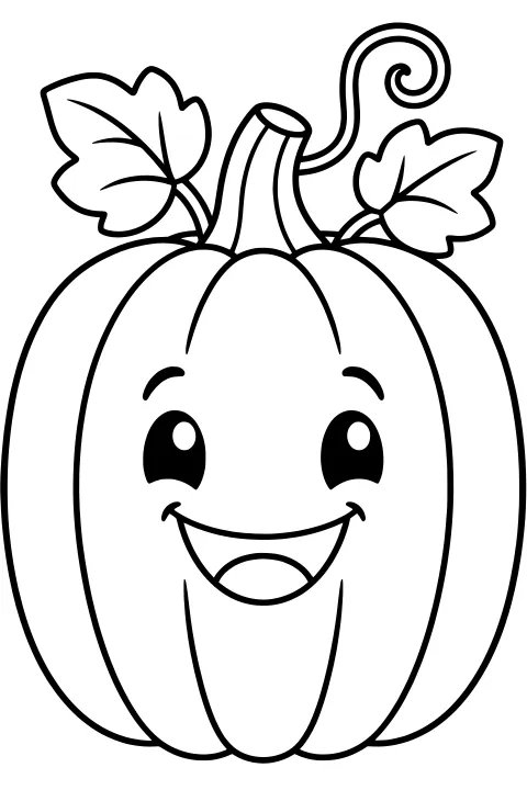 Large smiling pumpkin with curved sections, bright eyes, an open mouth, a tall stem, two veined leaves, and a spiral vine.