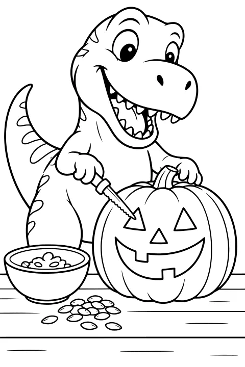 Open-mouthed T-Rex using a serrated tool on a jack-o-lantern, with a bowl and scattered pumpkin seeds on the tabletop.