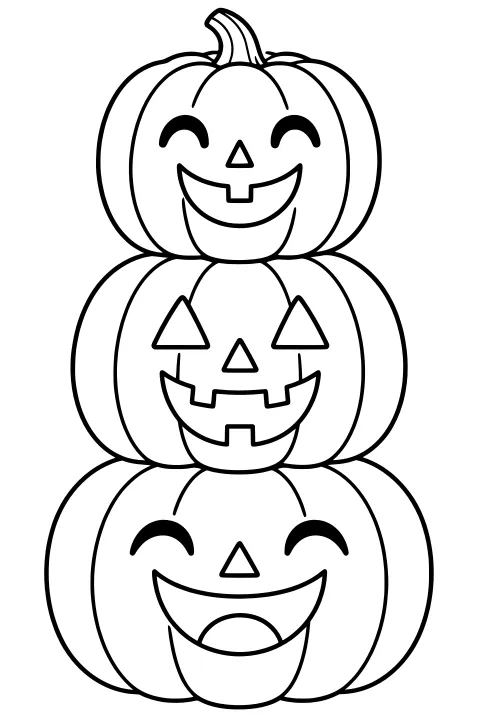 Three stacked jack-o-lanterns with curved ridges, carved eyes, triangle noses, open mouths, and a striped stem at the top.