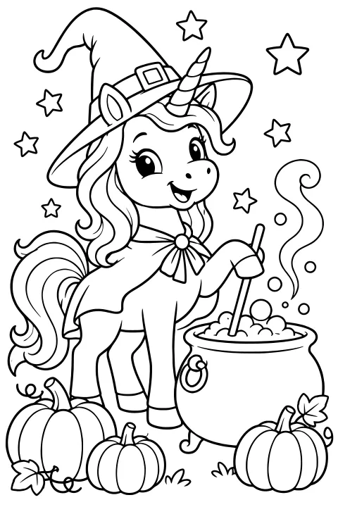 Unicorn wearing a pointed witch hat and cape while stirring a bubbling cauldron, surrounded by pumpkins, stars, and curling steam.
