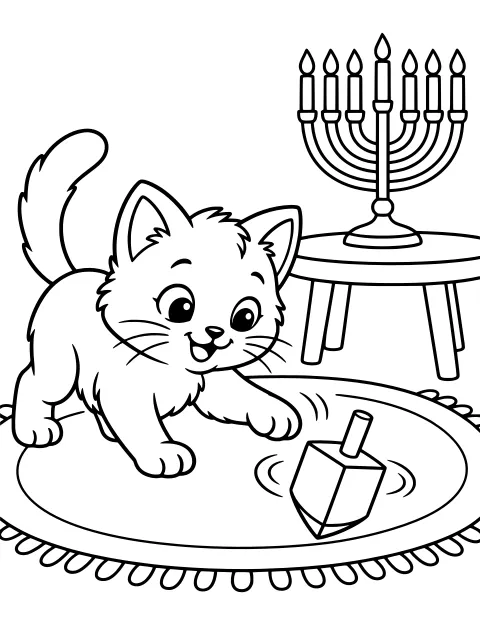 A fluffy cat reaches toward a spinning dreidel on an oval fringed rug, with a low table and a lit branched candleholder in the background.