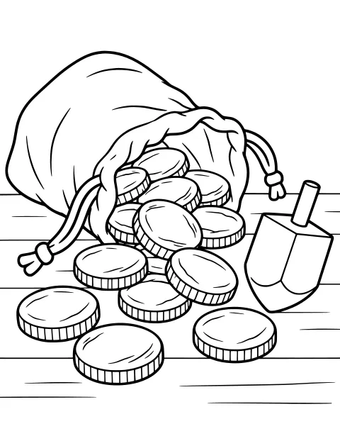 Round chocolate gelt coins spilling from an open drawstring pouch beside a dreidel on a flat surface.