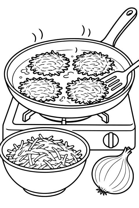Latkes frying in a handled pan on a stovetop with a slotted spatula, a bowl of shredded ingredients, and an onion nearby.