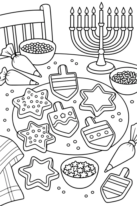 Star and dreidel-shaped cookies on a tray with piping bags, bowls of toppings, a menorah, and a chair in the background.