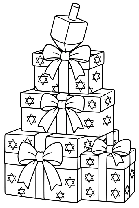 Stacked gift boxes wrapped with broad ribbons and bows, decorated with six-pointed stars and topped by a dreidel.