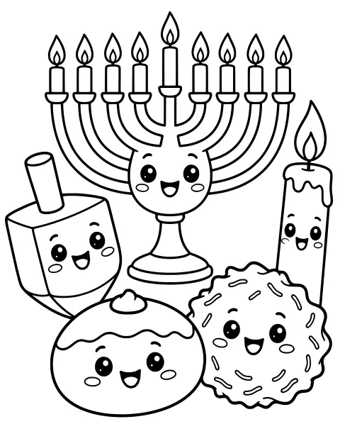 Black-and-white line art of kawaii Hanukkah friends: a menorah, dreidel, candle, and rounded treats with large eyes and curved smiles.