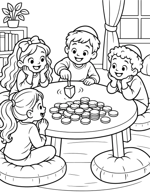 Kids gathered around an oval table as a dreidel spins beside a pile of round game pieces, with a curtained window, bookshelf, and potted plant nearby.