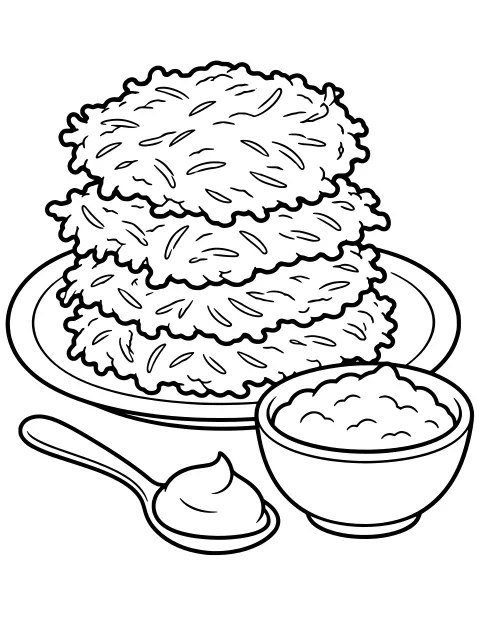 Stacked latkes on a round plate beside a bowl of applesauce and a spoon holding a dollop.