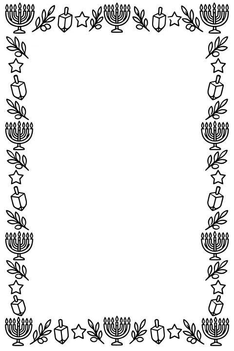 Rectangular line-art frame of menorahs, dreidels, stars, and leafy sprigs surrounding a large blank center.