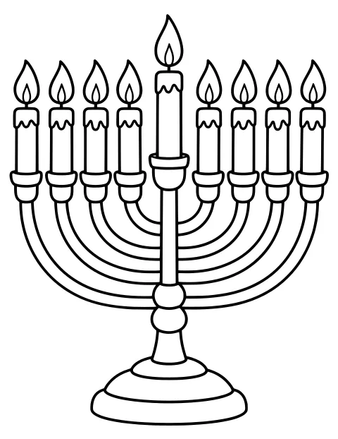 Menorah on a tiered base with curved branches, lit candles, wax drips, and a taller central candle.