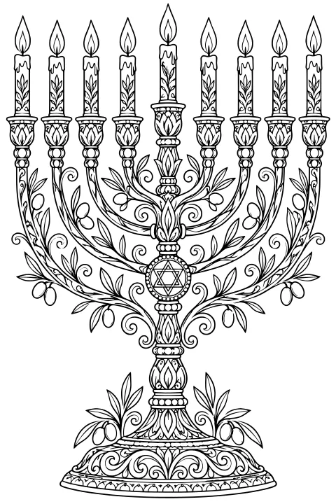 Ornate menorah with lit candles, curling branches, leafy vines, oval fruits, floral scrollwork, and a central six-pointed star above a decorated base.